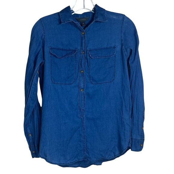 J. Crew Lightweight Popover Shirt Dark Wash Chambray Women's Size 00 Button - Picture 1 of 6
